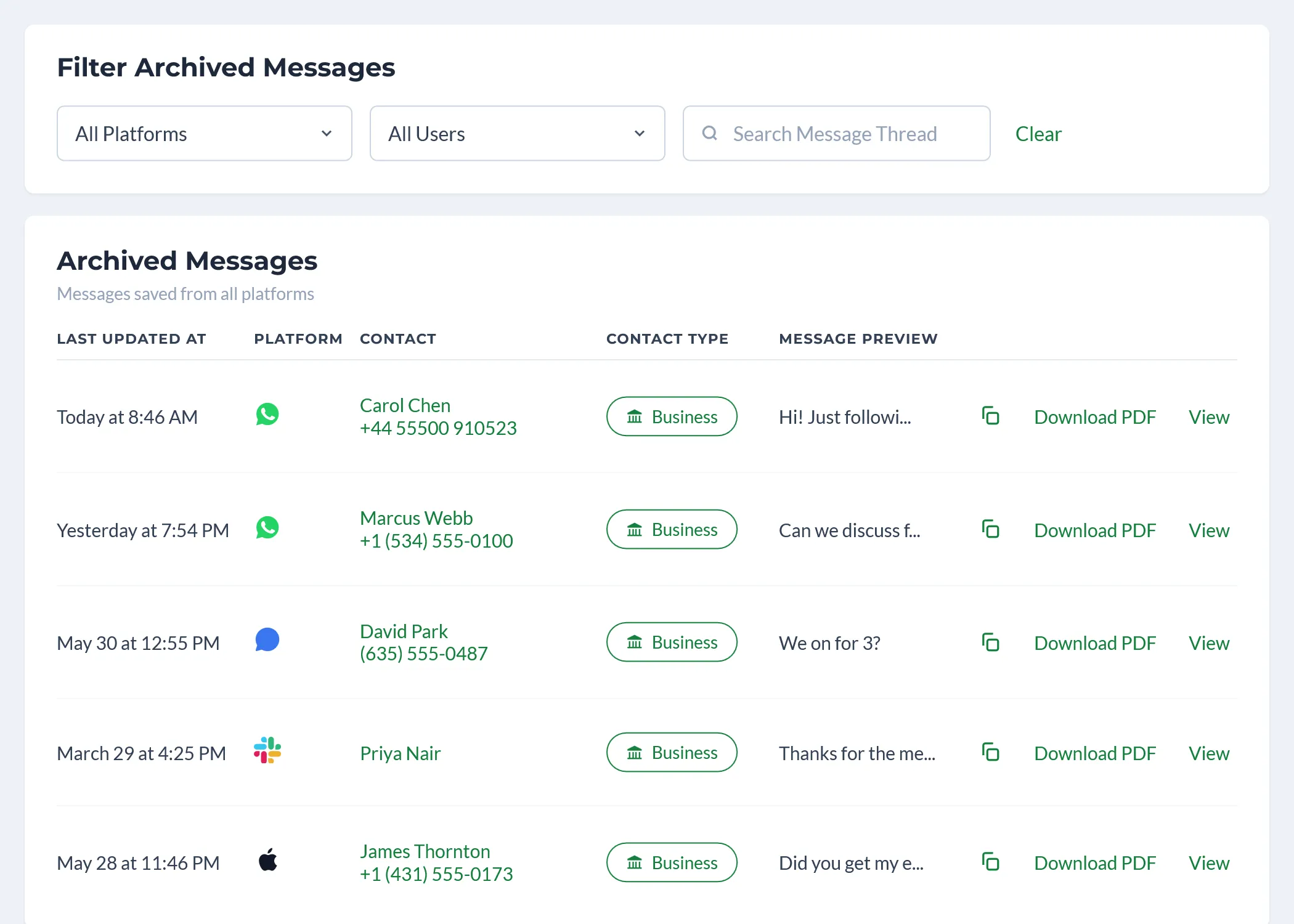 Comma archive with platform and user filters, thread search, and conversations from several messaging channels